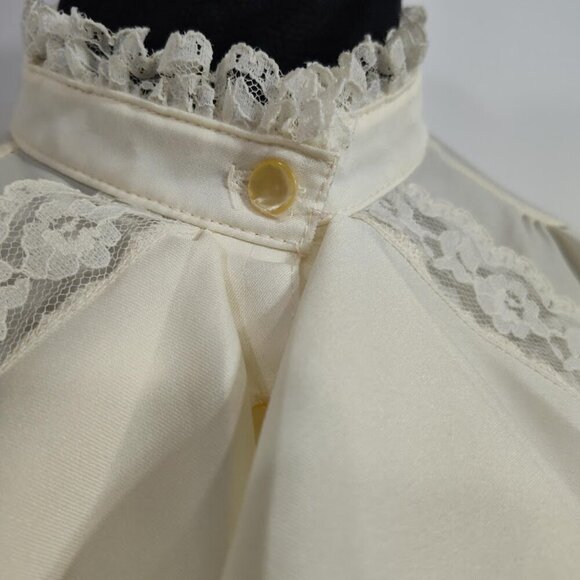 Vintage Brian Michele Puff Sleeve Ruffle Tuxedo Button Down Ivory Petite - Picture 10 of 13